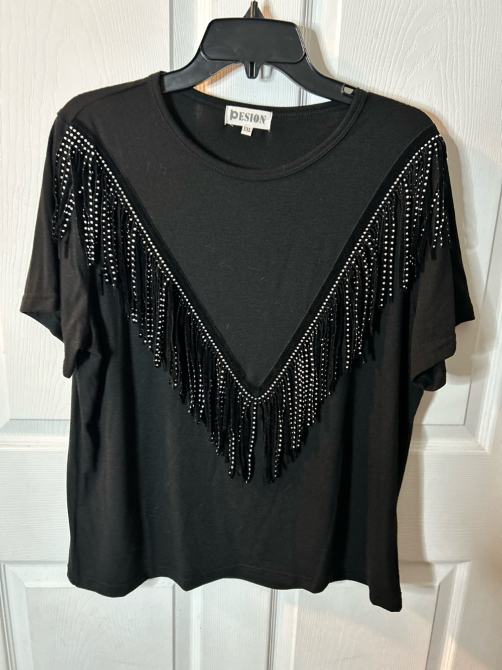 Black Fringe Studded Short-Sleeve Top